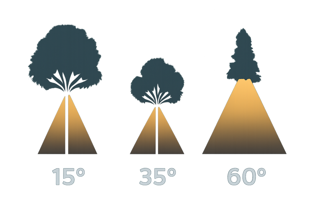 Diagram showing 15 degree, 35 degree, and 60 degree beam angles for tree uplighting fixtures