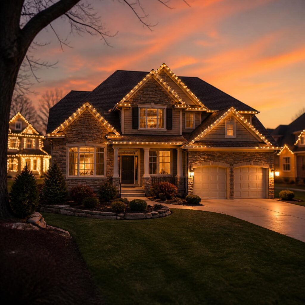 Permanent LED roofline lighting installed on a two-story home in Johnson County Kansas at dusk