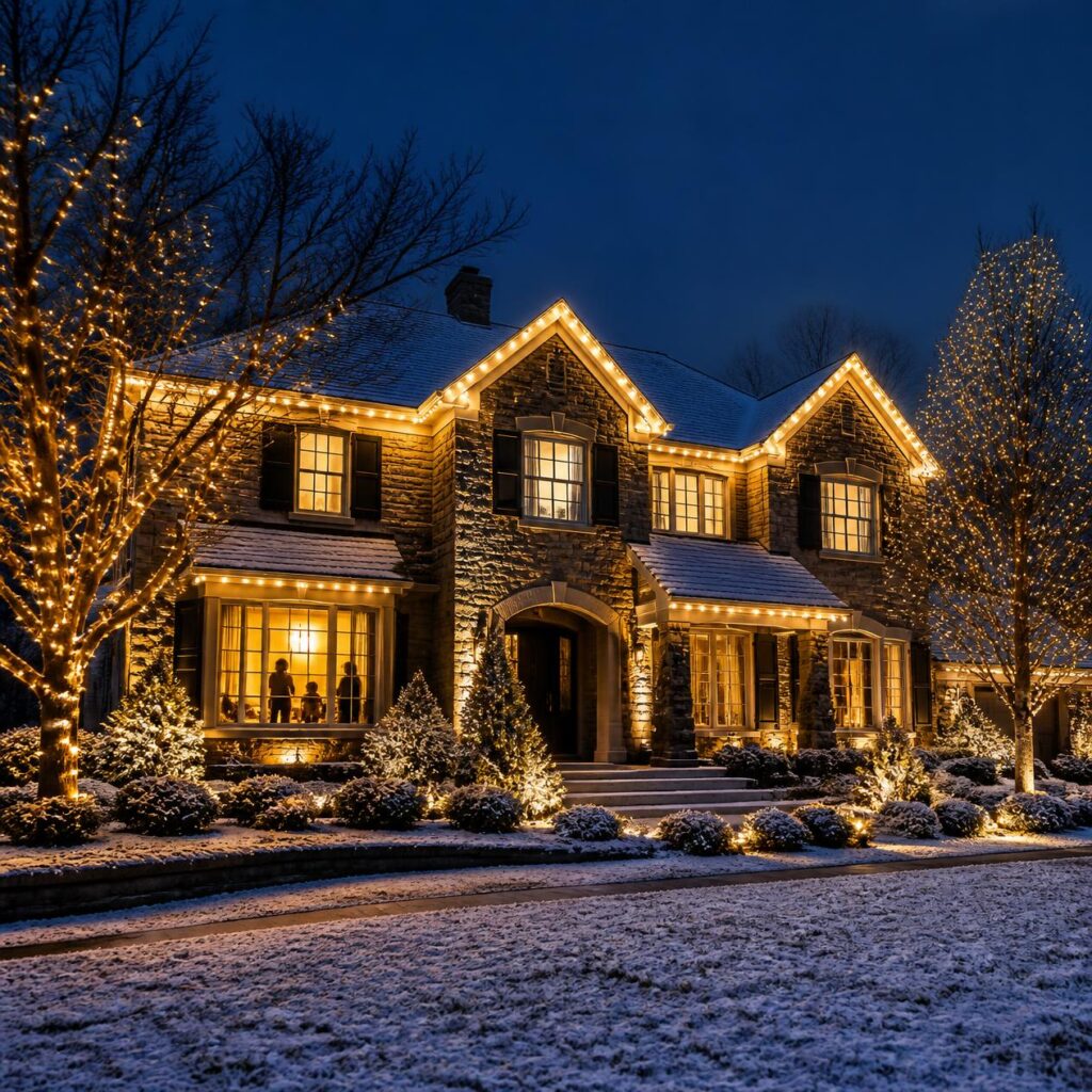 Permanent outdoor LED lighting on a Johnson County home at night with warm white roofline glow