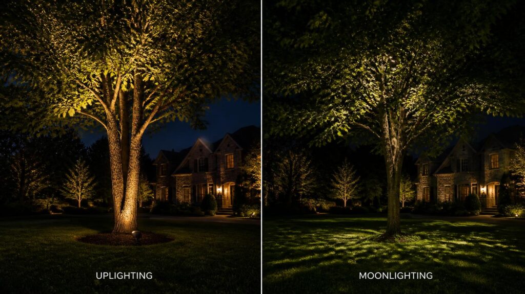 Side by side comparison of tree uplighting vs moonlighting effects on a suburban landscape