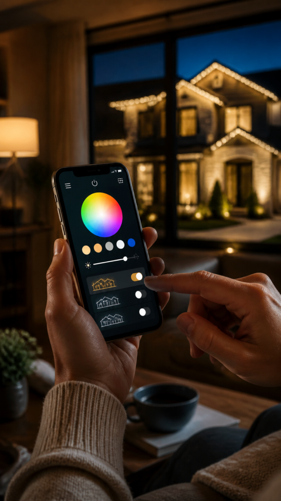Homeowner using Oelo Evolution App to control permanent outdoor LED lighting colors on Johnson County home