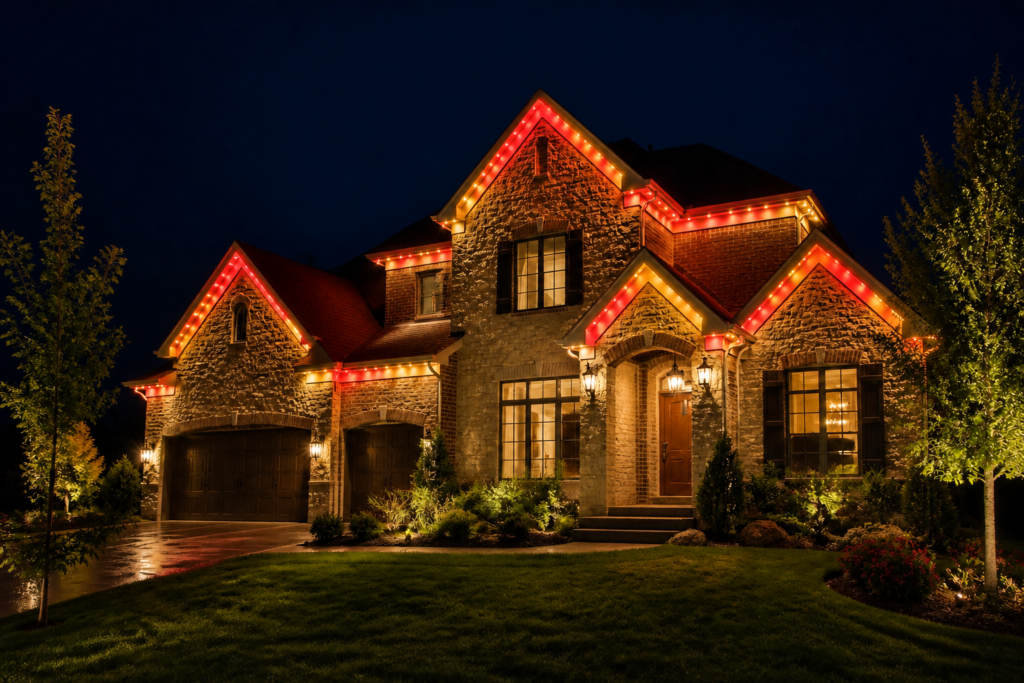 Johnson County home showing red and gold Chiefs-colored permanent LED lighting from Tropical Lighting