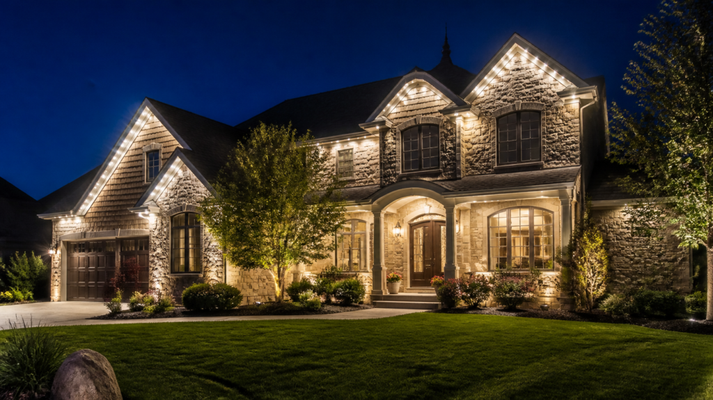 Permanent LED roofline lighting on Overland Park home in Johnson County installed by Tropical Lighting