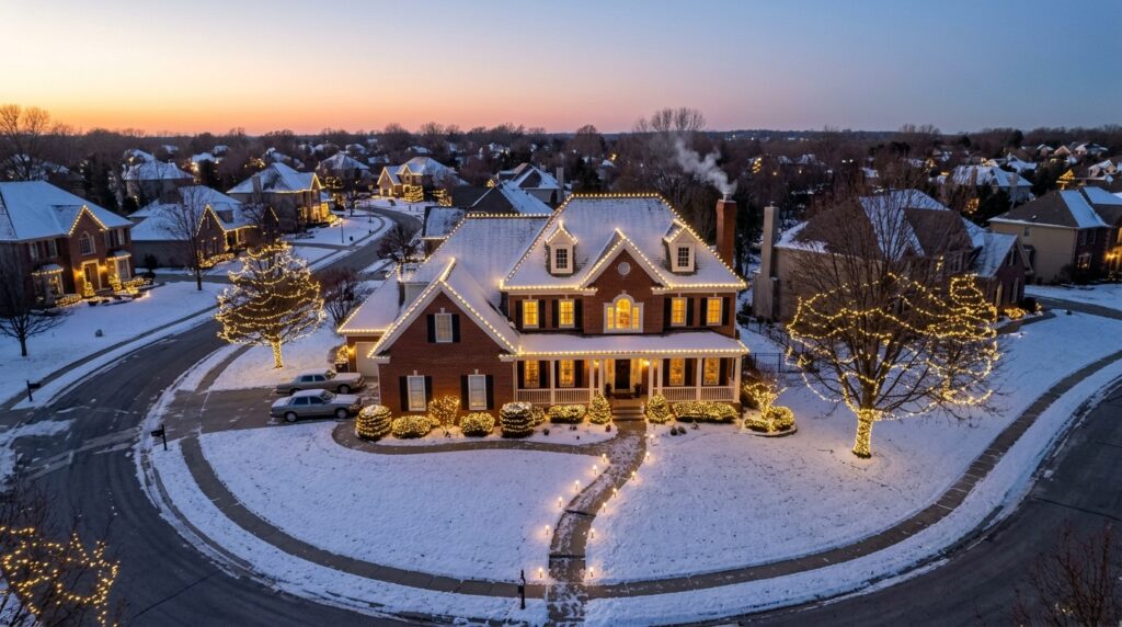 Professional Christmas light installation on a Johnson County home roofline, 2026