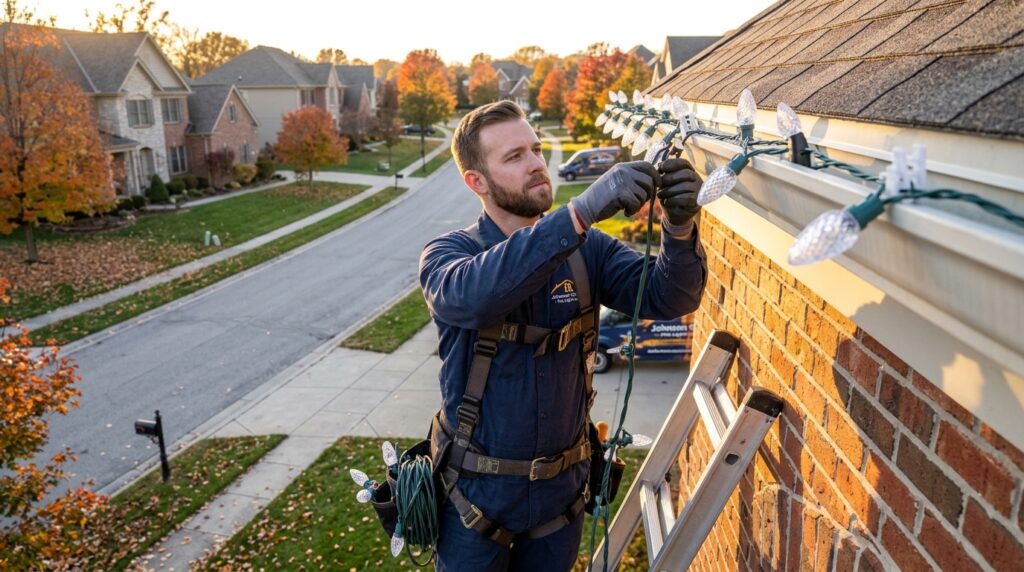 Professional Christmas light installer hanging commercial-grade LED lights on a Johnson County home