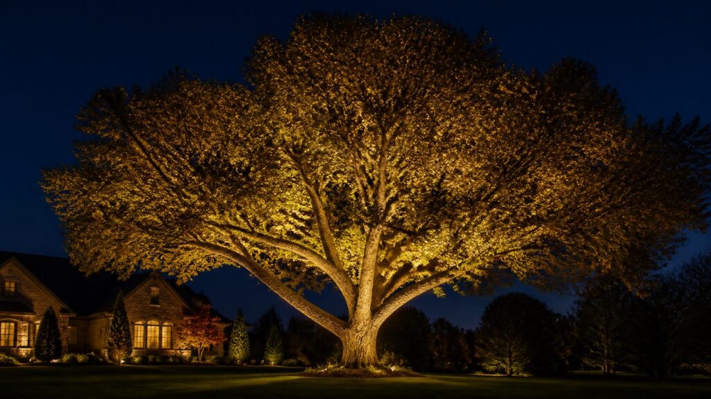 Professional tree uplighting on a mature oak in Johnson County Kansas backyard at night