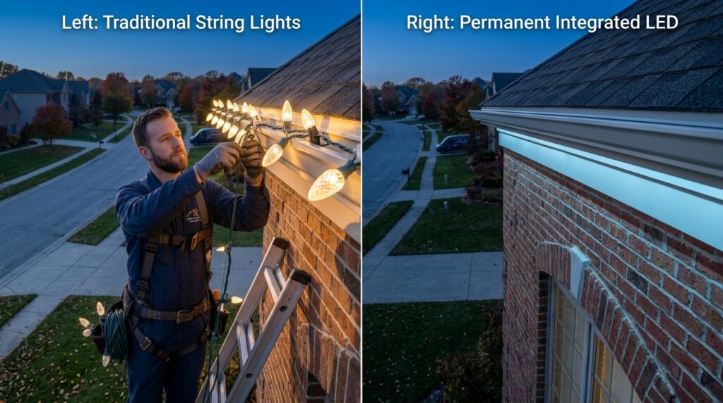 Seasonal Christmas lights vs permanent LED installation comparison on a Johnson County roofline